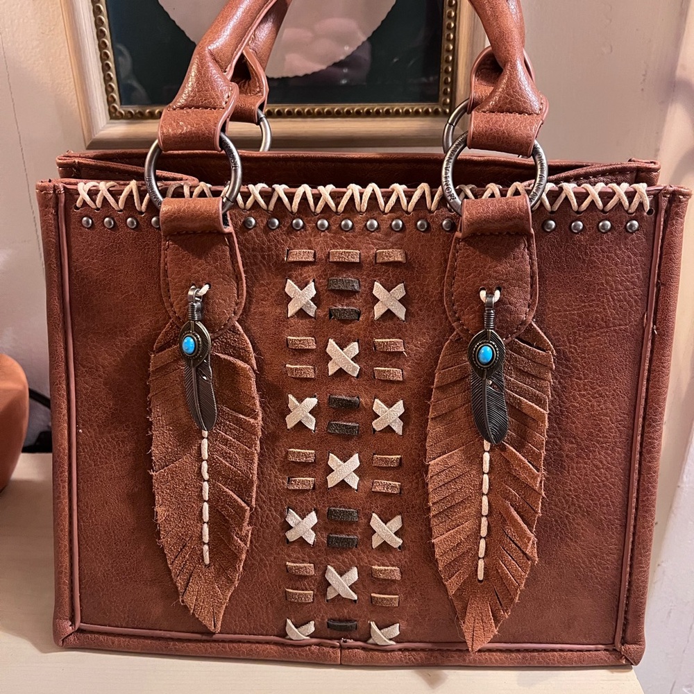 Brown Leather Montana West Purse with Feather Accents